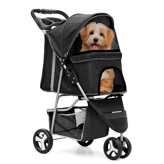 Foldable Pet Stroller with Weather Cover 3 Wheels Pet Strolling Cart for Small/Medium Dogs and Cats with Storage Basket